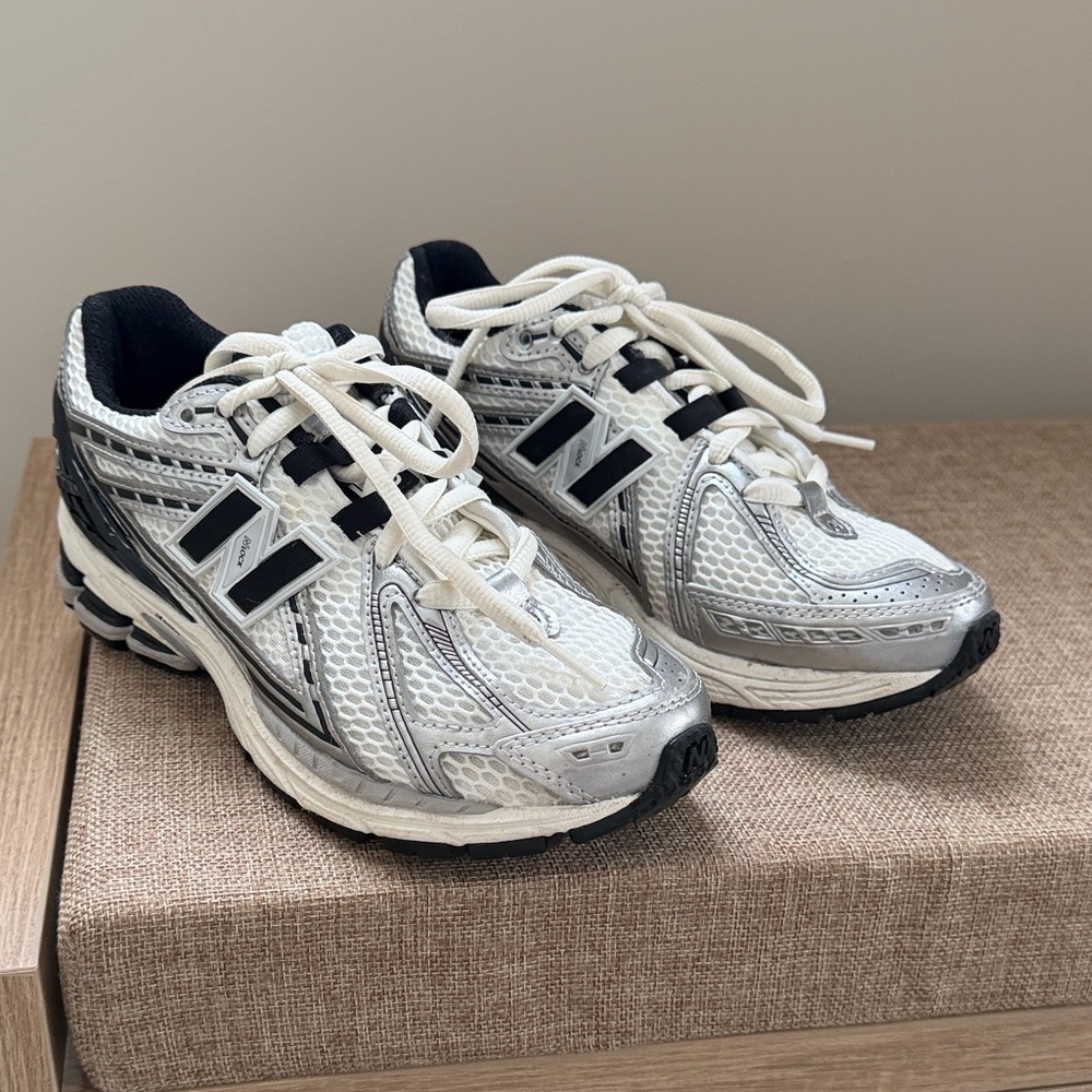 New Balance White and Silver Athletic Shoes